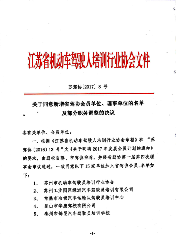 關(guān)于同意新增省駕協(xié)會員單位、理事單位的名單及部分職務(wù)調(diào)整的決議1